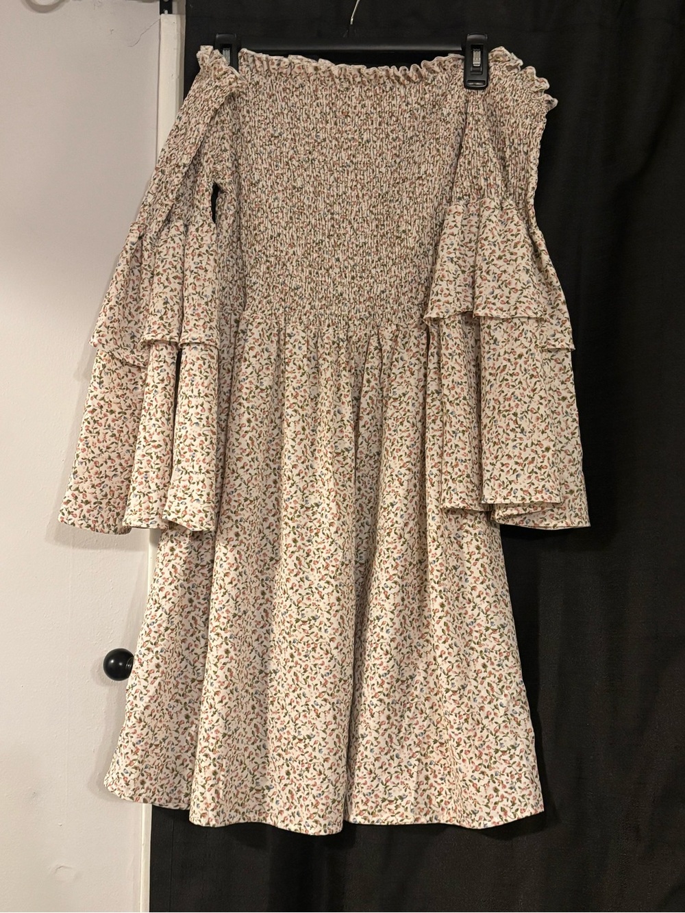Women Floral Smocked Off-Shoulder Dress in Cream and Green